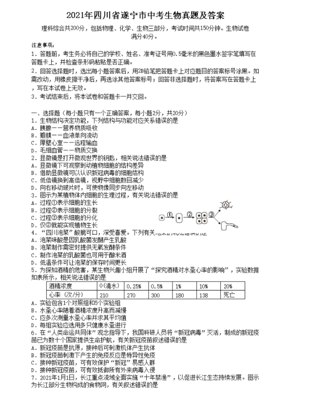 遂寧2022年生物中考會考試卷